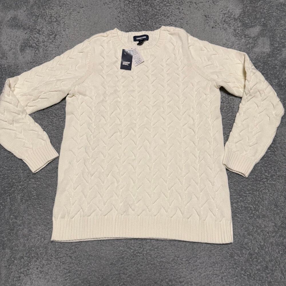 Lands End Sweater Womens Medium Ivory 100% Cotton Cable Knit